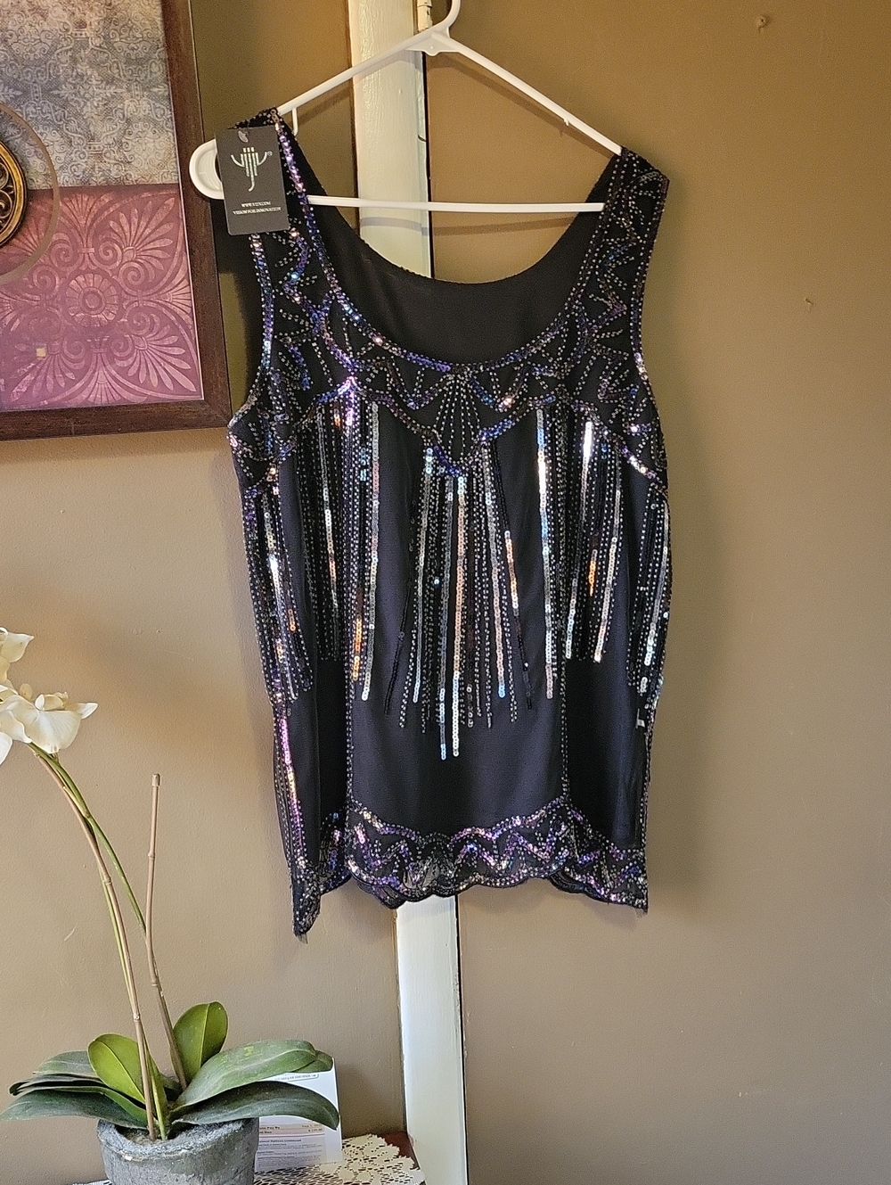 Joseph Ribkoff Black Beaded Fringe Evening Camisole with Purple Accents